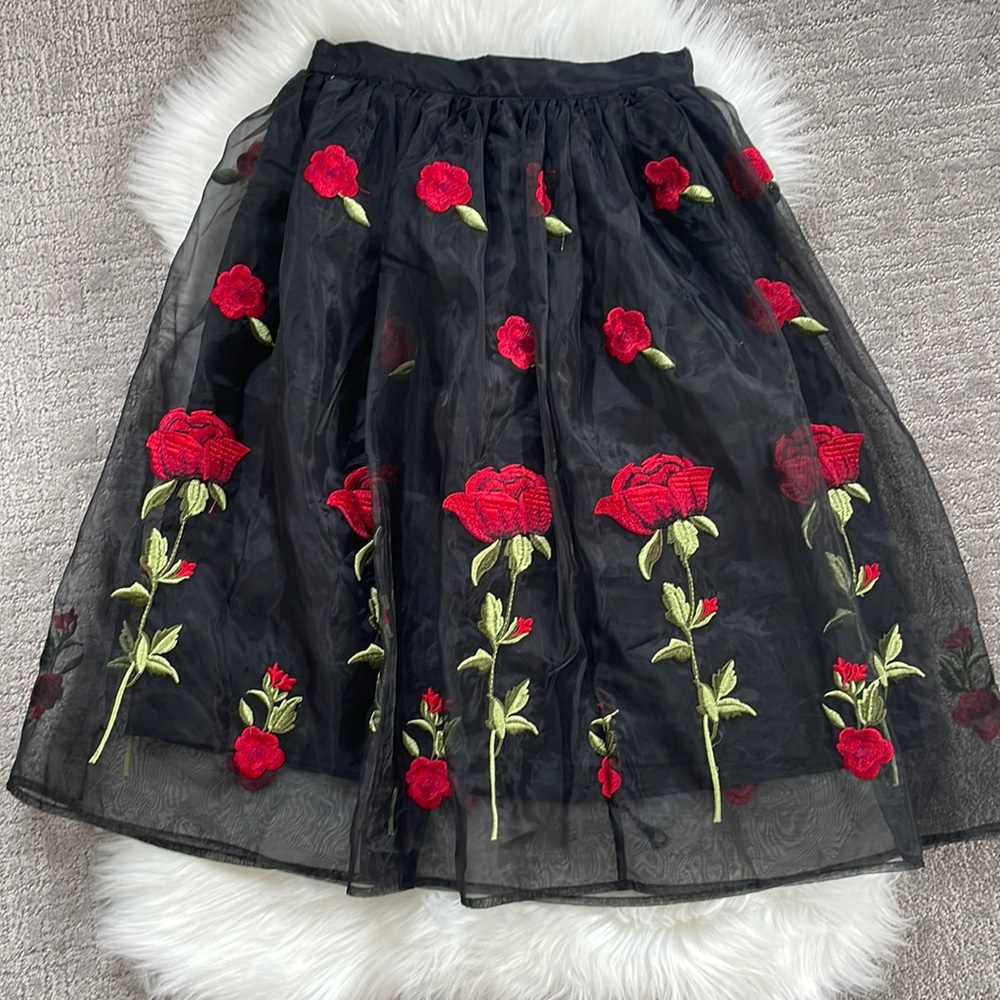 Rose Embroidered Midi Skirt